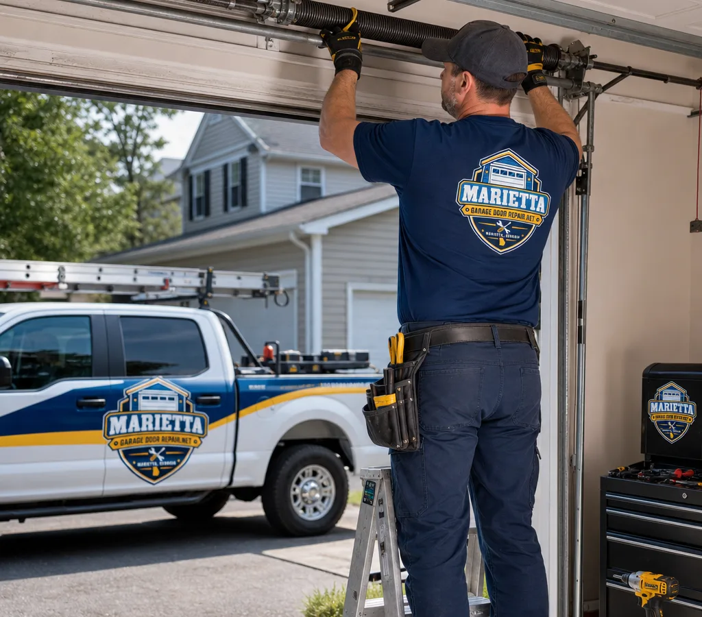 Technician servicing a residential garage door torsion spring and track in daylight