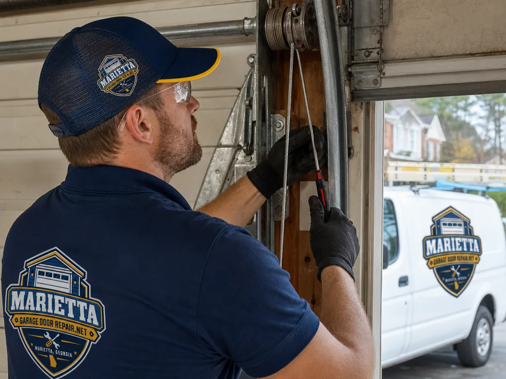 Garage door technician checking cable condition and drum alignment