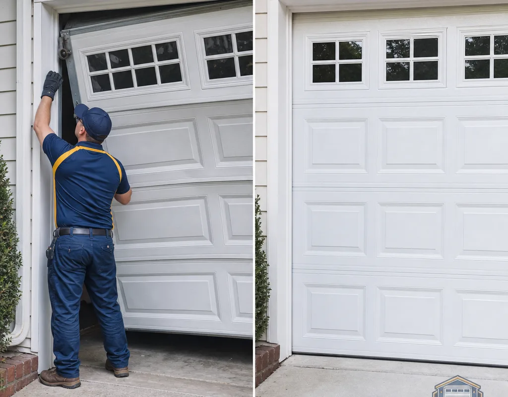 Off-track sectional garage door before and after track alignment and hardware correction