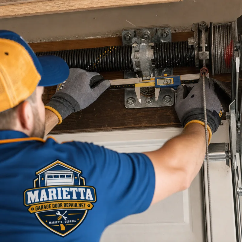 Technician measuring a torsion spring and inspecting a cable drum and lift cable
