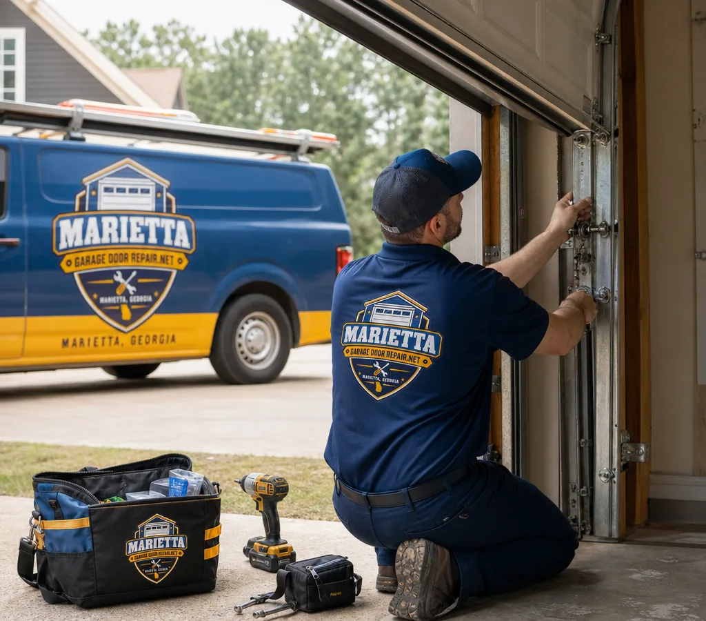 Technician inspecting a partially open sectional garage door at a Marietta home