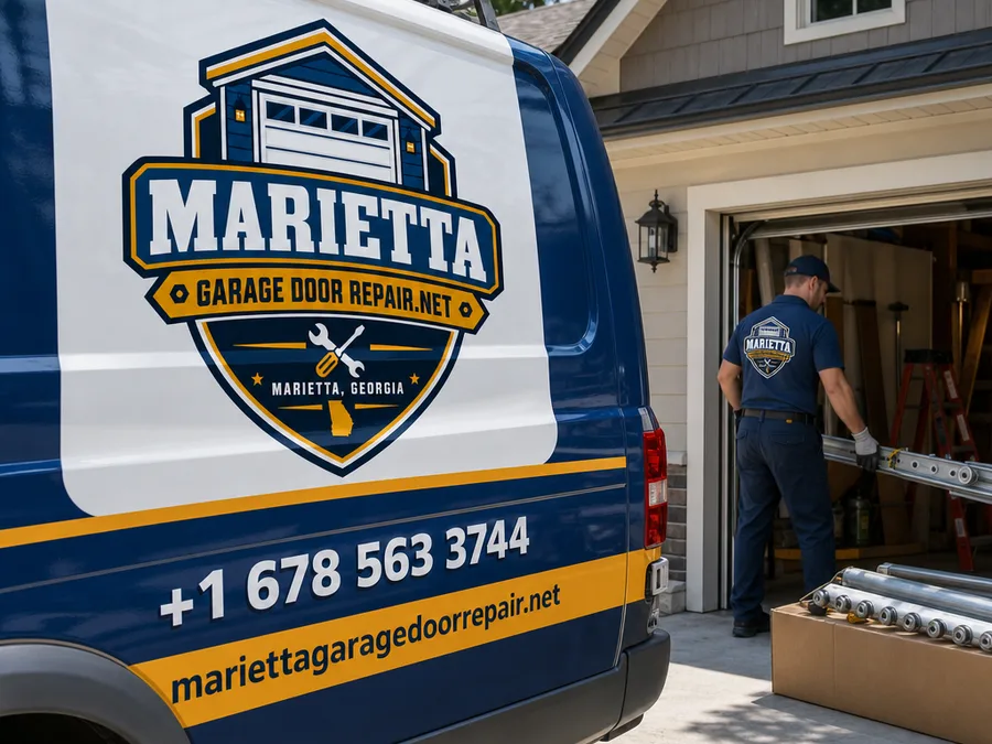 Garage door technician beside a service vehicle staging replacement rollers and hardware